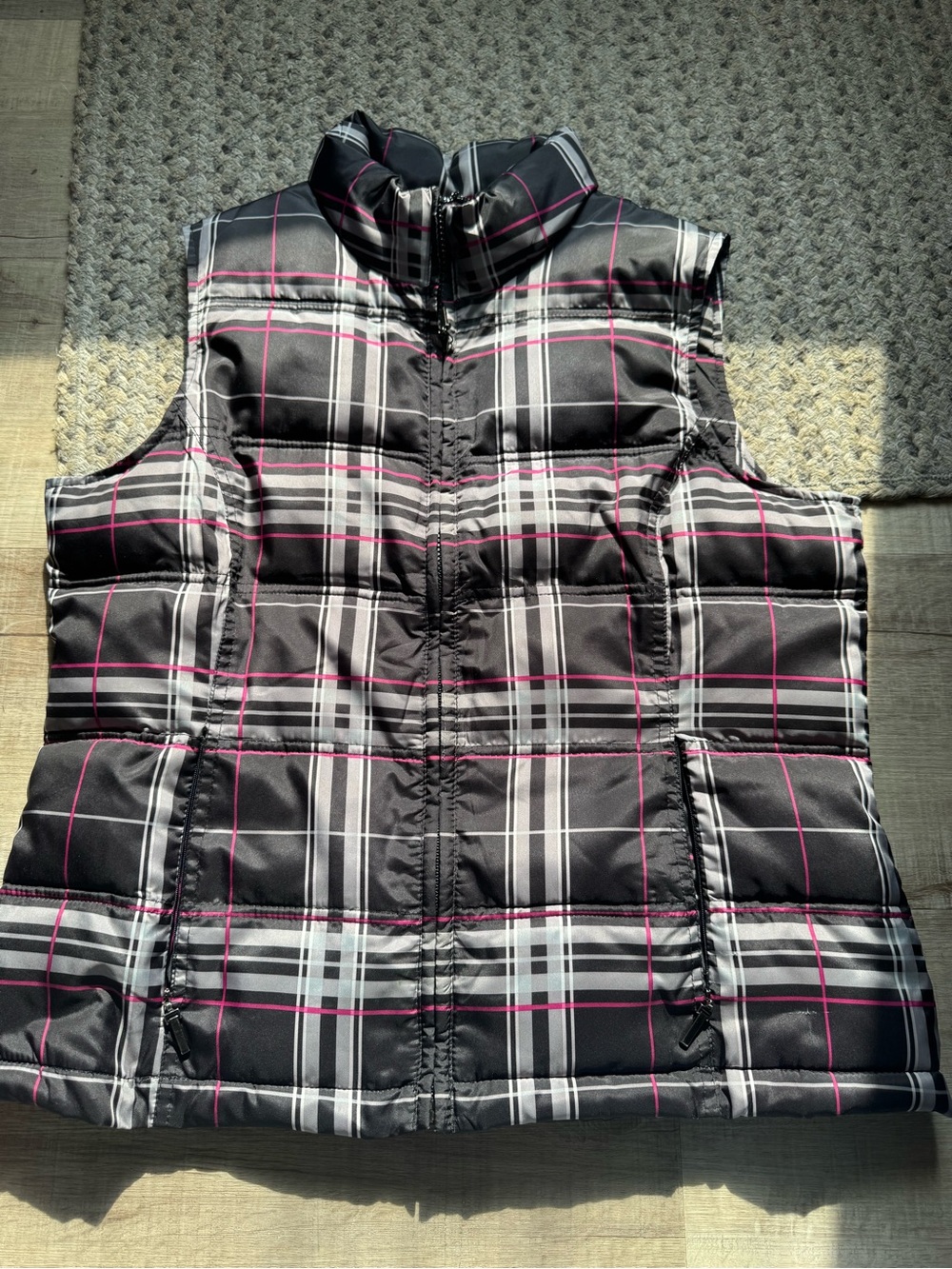 Charter Club Black Plaid Quilted Vest with Pink & White Stripes Petite M